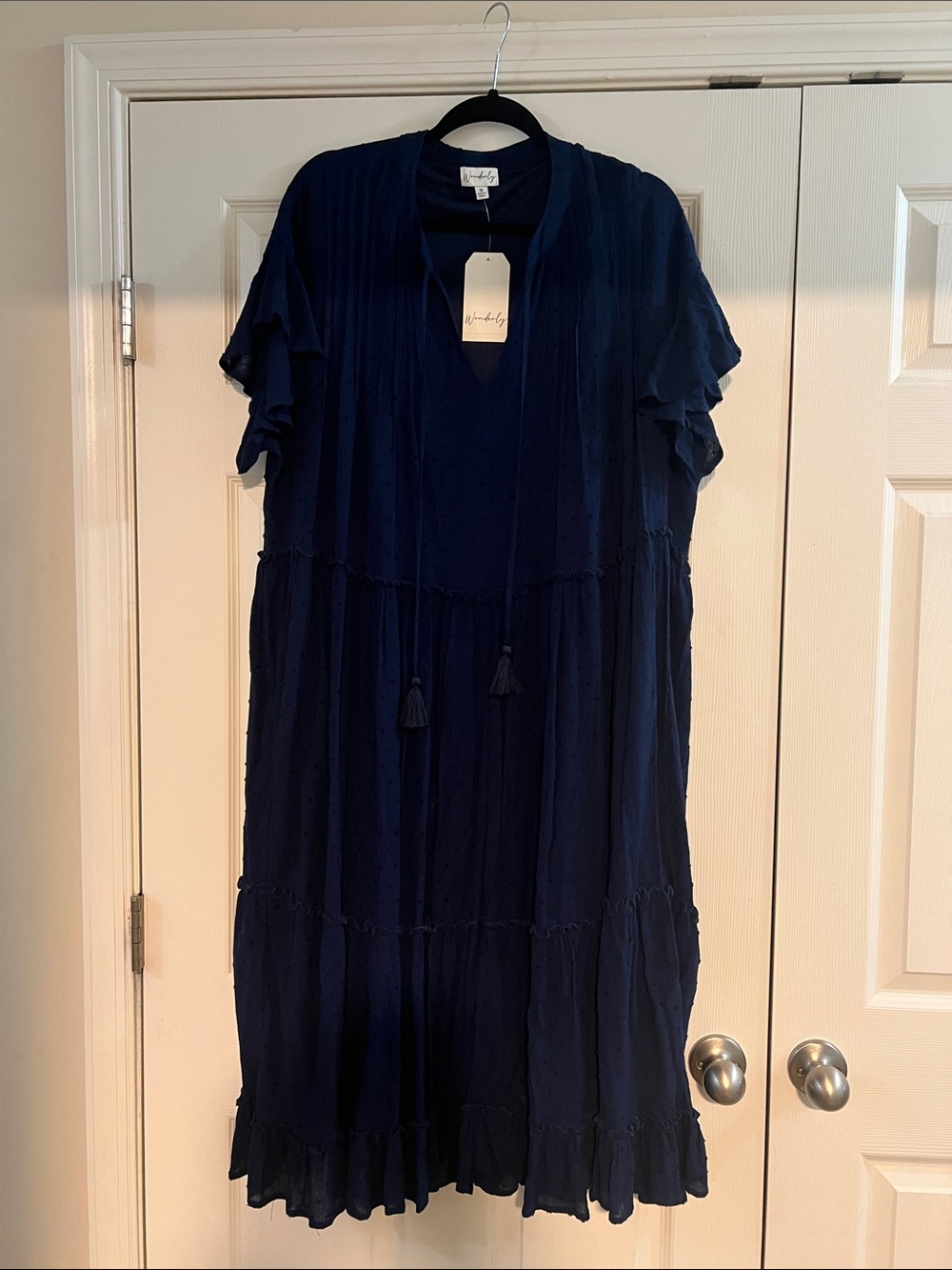 Wonderly Navy Blue Tiered V-Neck Maxi Dress